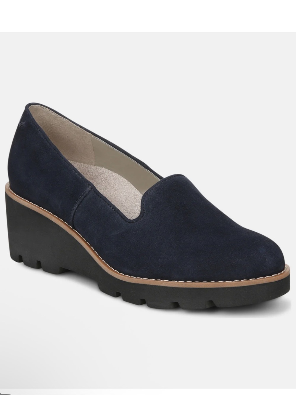 Vionic Willa Wedge Suede Loafers Water Repellent Lightweight Chunky Navy Blue 8